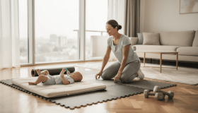 Maman joue avec son b&eacute;b&eacute; dans un salon lumineux.