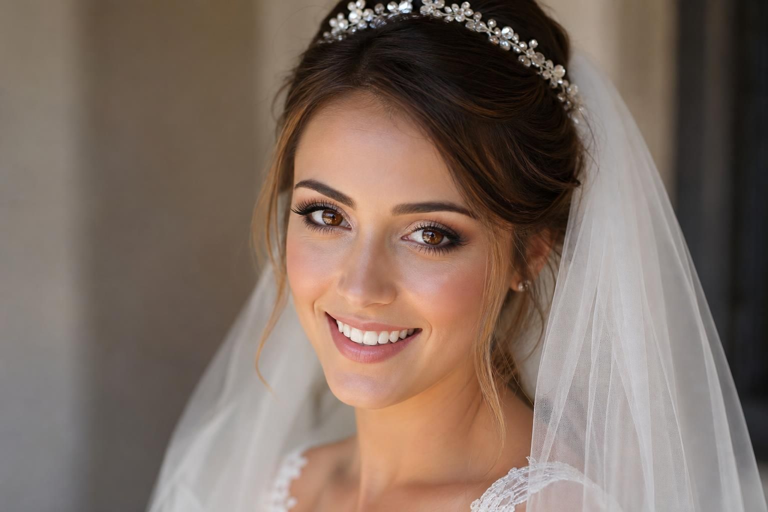 Mariée souriante aux yeux marron avec un maquillage naturel tons rosés, tiare en cristal et voile blanc